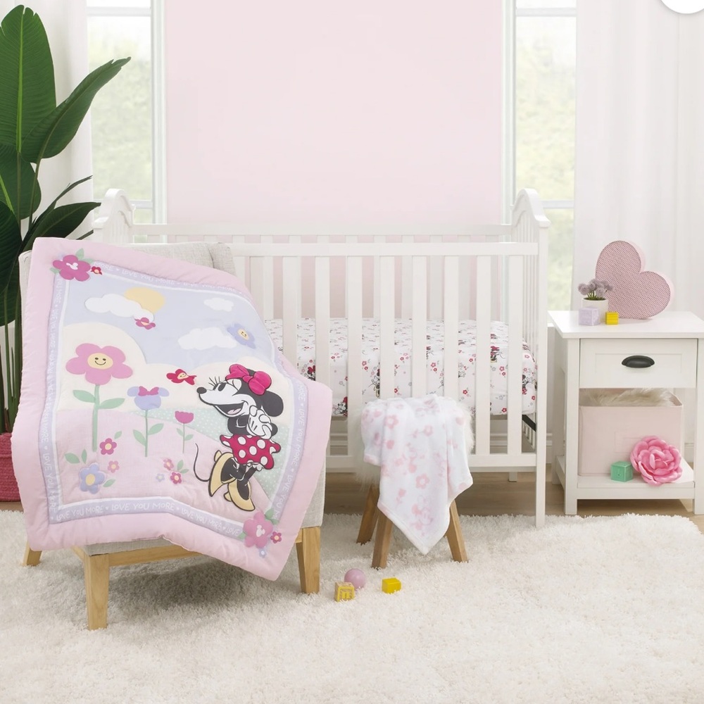 Pink Minnie Mouse Floral Baby Crib Bedding